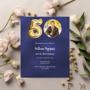 Photo en or bleu marine 50e anniversaire invitatio