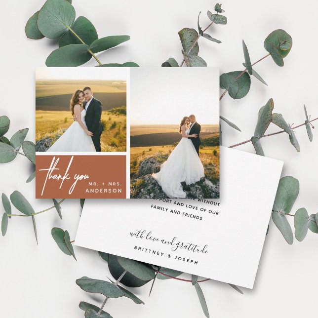 Photo en terre cuite moderne Collage Merci (Two photo hand lettered thank you wedding card with a minimalistic design perfect for any couple.)