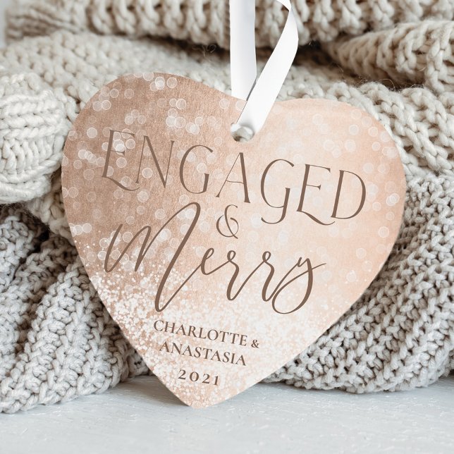 Photo Engagé & Merry Gold White Twinkling Lights (Engaged & Merry Gold White Twinkling Lights Photo Ornament)
