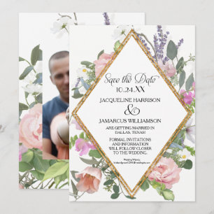 Photo Faire-part de date or Glitter Gold Floral Ro