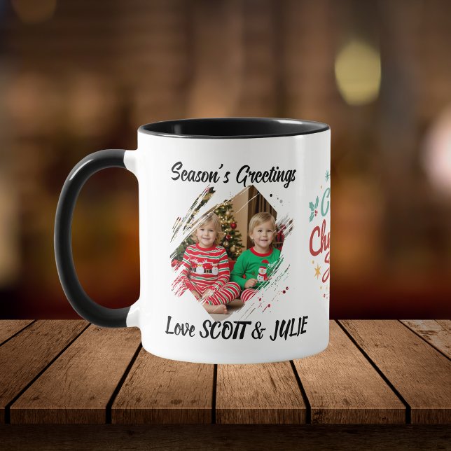 Photo Famille de Noël Personnaliser Mug (elegant Keepsake design 2 photos and Christmas in Center.)