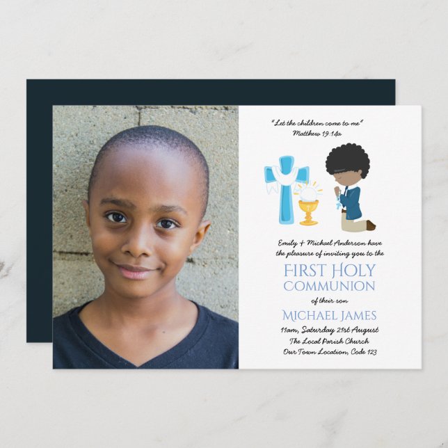 PHOTO First Holy Communion Invitations Black BOY (Devant / Derrière)