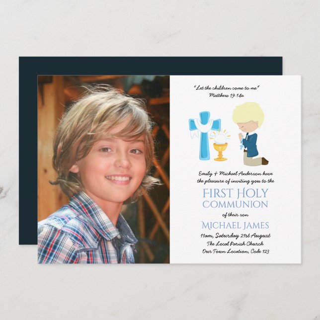 PHOTO First Holy Communion Invitations BLONDE BOY (Devant / Derrière)