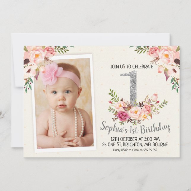 Photo florale d'argent 1er anniversaire Invitation (Devant)
