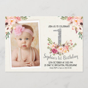 Photo florale d'argent 1er anniversaire Invitation