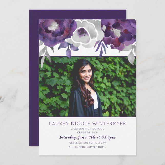 Photo florale mauve tendance Invitations de gradua (Devant / Derrière)