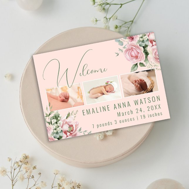 Photo Florale Rose Et Vert Faire-part Bébé (Pink Floral Watercolor photo birth announcement for baby girl.)