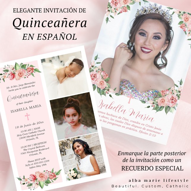 Photo Florale rose Quinceañera Invitation Espagnol (Créateur téléchargé)