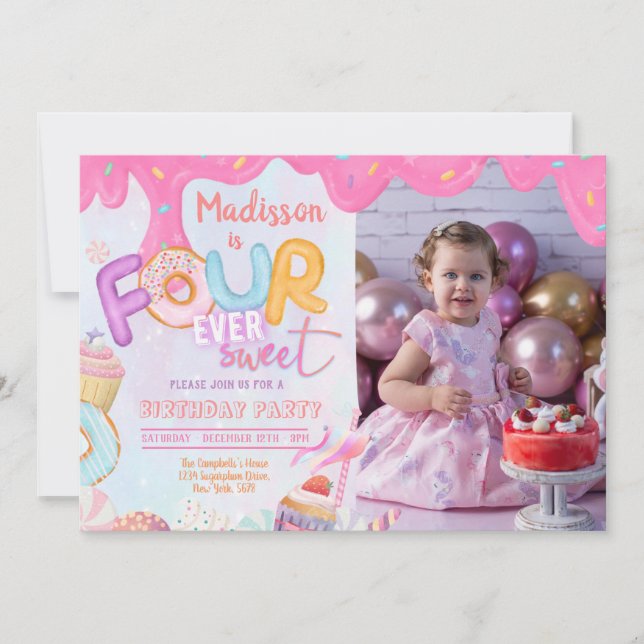 Photo Fourever Sweet Girl 4th Birthday Invitation (Devant)