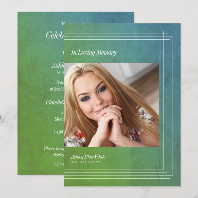 Photo Funéraire Invitation Vert Faux Metallic (Devant / Derrière)