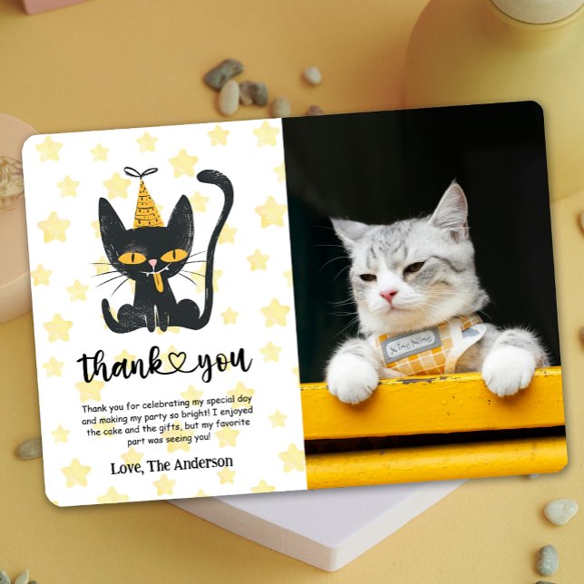 Photo Funny Chat noir Carte de remerciements d'ann (Photo Funny Black Cat Birthday Thank You Card)