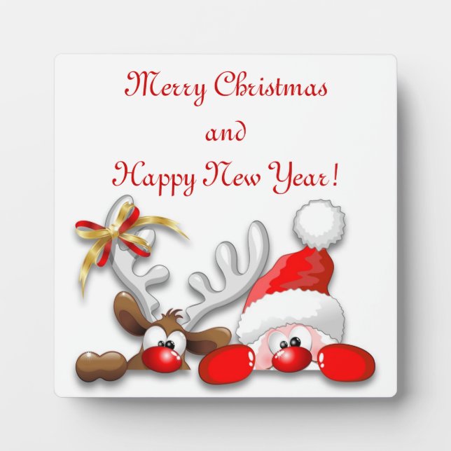 Photo Funny Santa and Reindeer Cartoon Plaque (Devant)