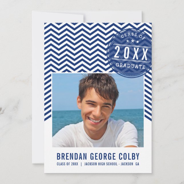PHOTO GRAD INVITATION bold chevron royal marine bl (Devant)