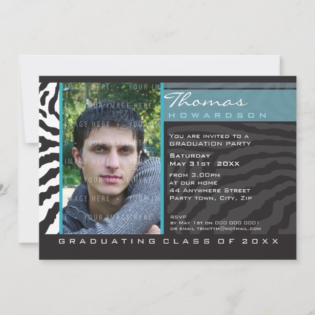 PHOTO GRAD INVITATION zebra stripe aqua bleu (Devant)
