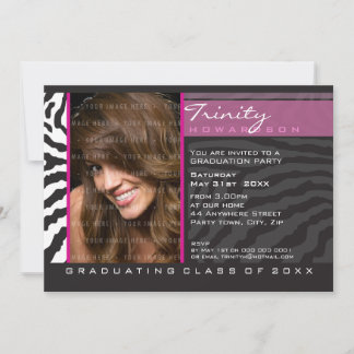 PHOTO GRAD INVITATION zèbre rayé noir rose