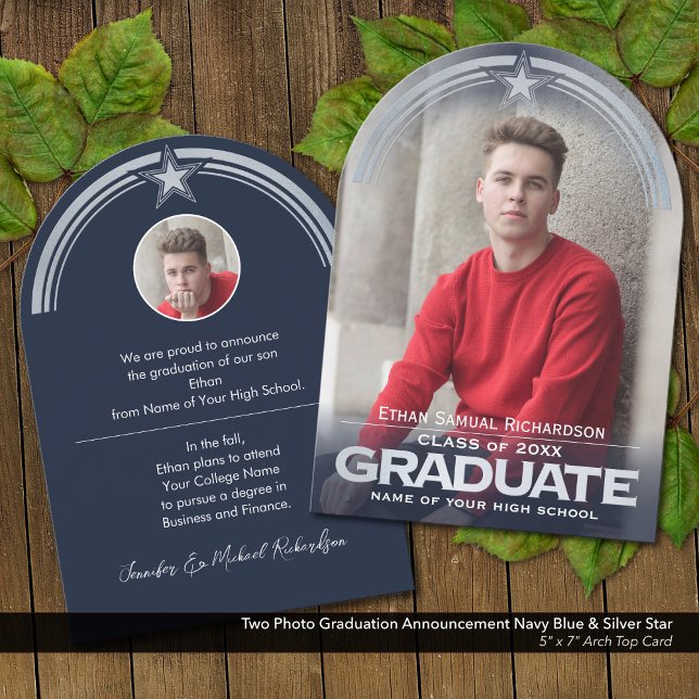 Photo Graduation Faire-part Blue & Silver Star (Two Photo Graduation Announcement in Dark Navy Blue with Faux Metallic Silver Embossed Details.)