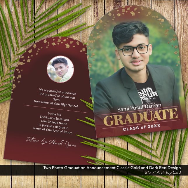 Photo Graduation Faire-part Classic Gold Red (Two Photo Graduation Announcement: Classic Design in Gold and Dark Red)