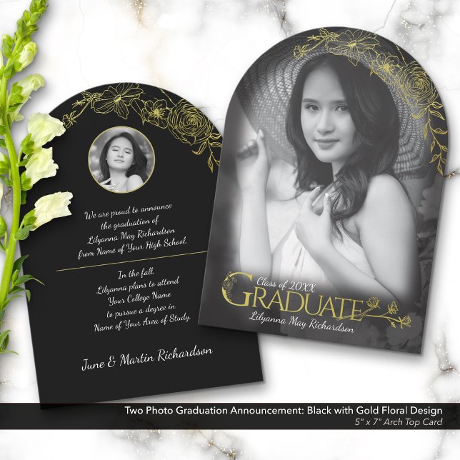 Photo Graduation Faire-part Floral Noir & Or (Two Photo Graduation Announcement: Elegant Gold Floral Design for Black-and-White Photos.)