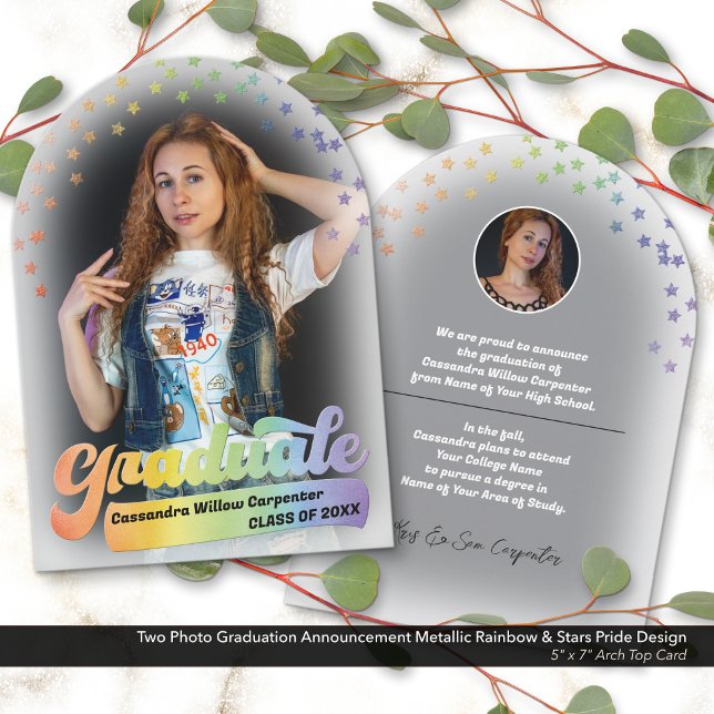 Photo Graduation Faire-part Retro Pride Rainbow (Two Photo Graduation Announcement with a Retro Pride Design & Embossed Metallic Look Rainbow Details)