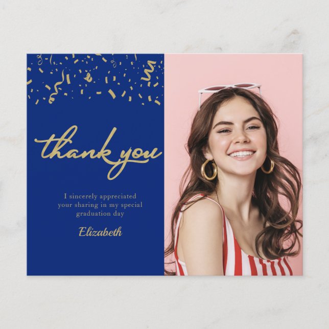 Photo Graduation Gold Blue Budget Carte de remerci (Devant)