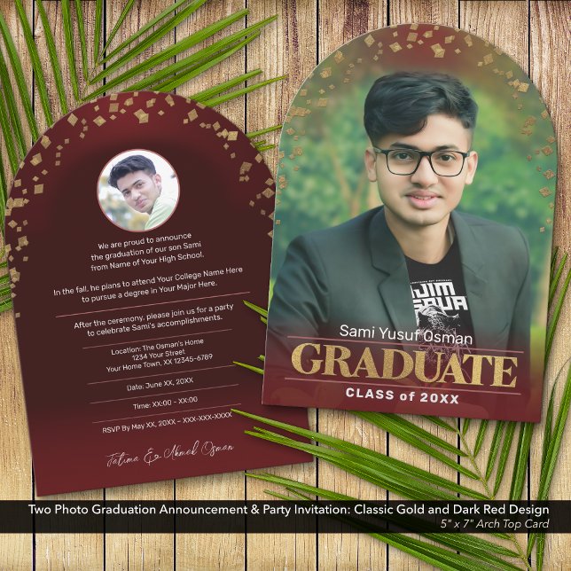 Photo Graduation Invitation Classic Gold Dark Red (Two Photo Graduation Announcement and Invitation: Classic Design in Gold and Dark Red)