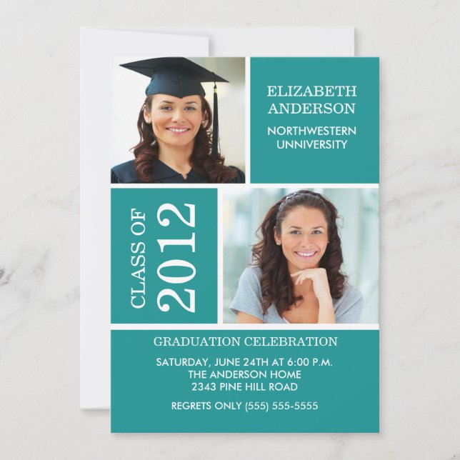 Photo Graduation Invitation Classy Turquoise White (Devant)