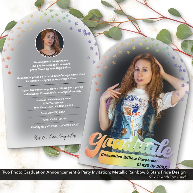 Photo Graduation Invitation Retro Pride Rainbow (Two Photo Graduation Announcement Invite Retro Pride Design & Faux Embossed Metallic Rainbow Details)