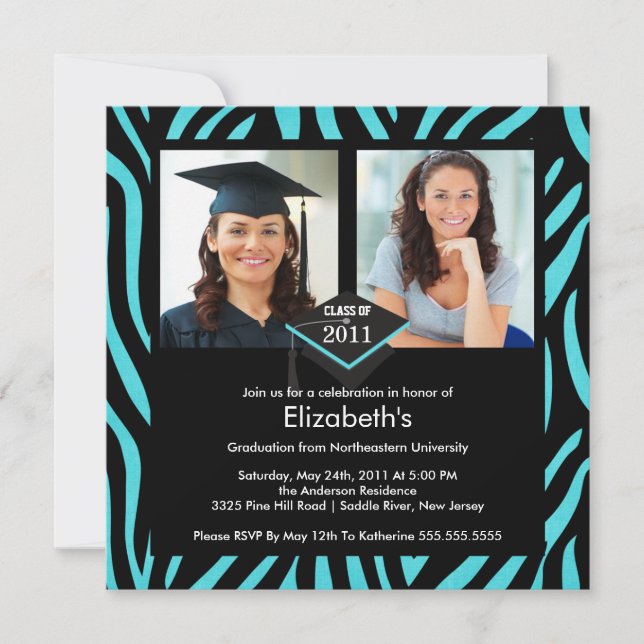 Photo Graduation Invitation Turquoise Zebra Imprim (Devant)