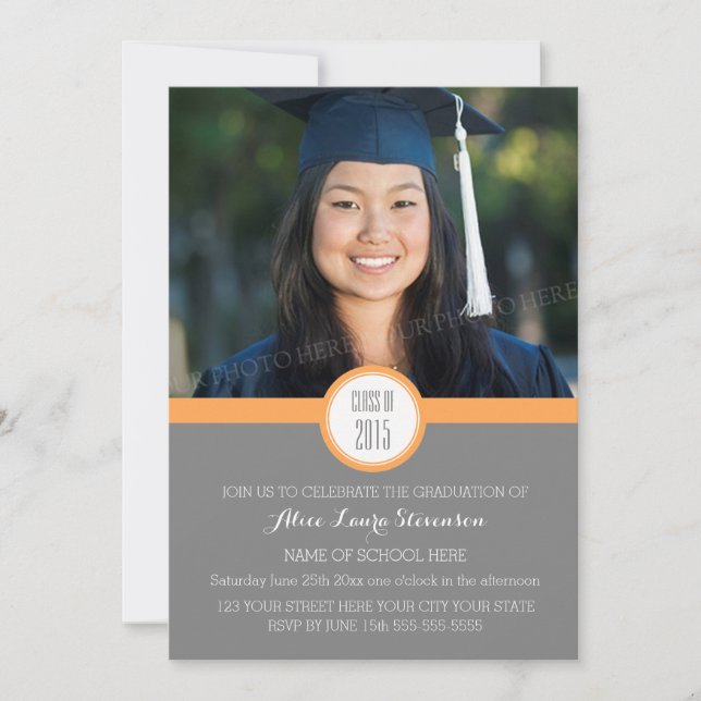 Photo Graduation Party Invitation Grey Orange (Devant)