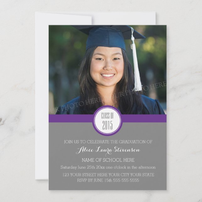 Photo Graduation Party Invitation Grey Purple (Devant)