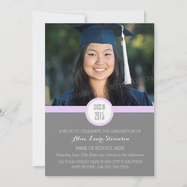 Photo Graduation Party Invitation Grey Purple (Devant)