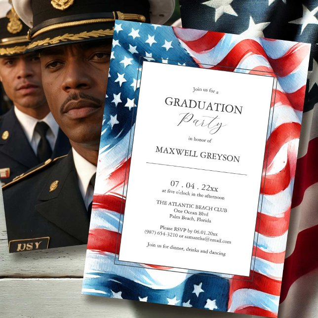 Photo Graduation Party Invitations drapeau américa (Photo graduation invitations watercolor American flag.)