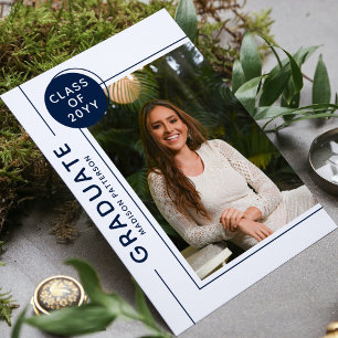Photo Graduation Party Moderne Script Bleu Blanc