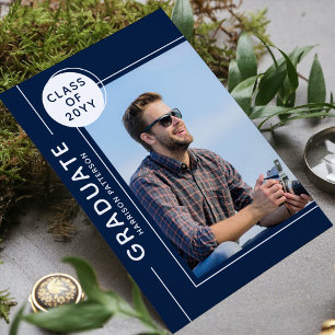 Photo Graduation Party Moderne Script Bleu Blanc