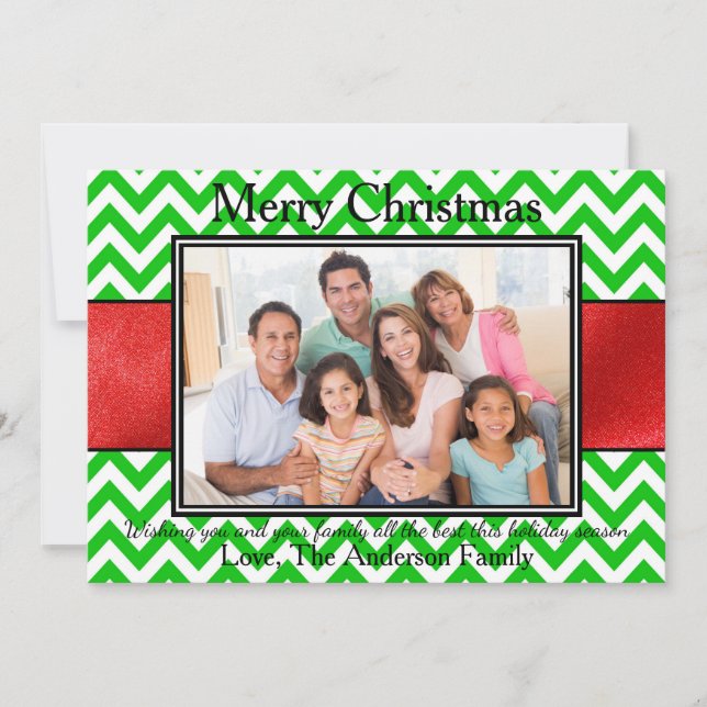 Photo Green Chevron Red Ribbon - Carte de Noël (Devant)