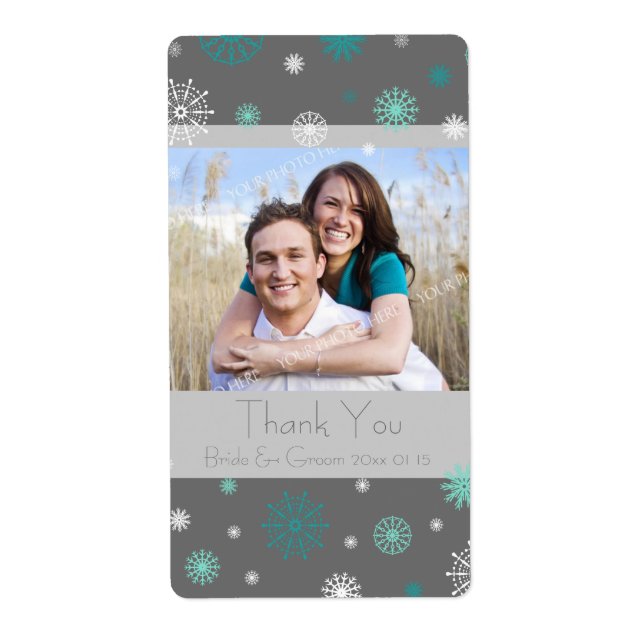Photo Grey Aqua Snowflakes Étiquettes de mariage h (Devant)