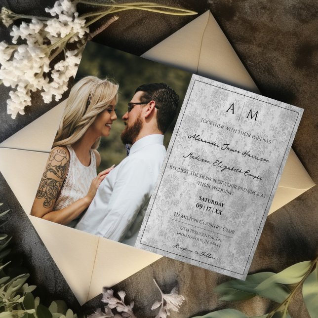 Photo Grey Damask Faire-part de mariage Monogramme (Gray Photo Damask Monogram Wedding Invitation)