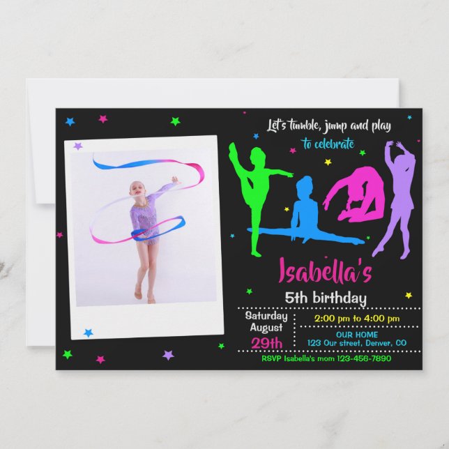 Photo Gymnastics birthday invitation Tumble play (Devant)