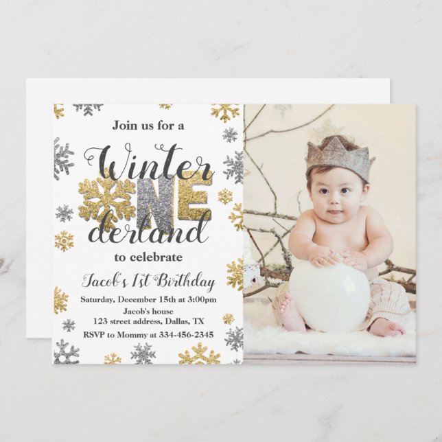 Photo Hiver ONE derland Anniversaire Invitation Or (Devant / Derrière)