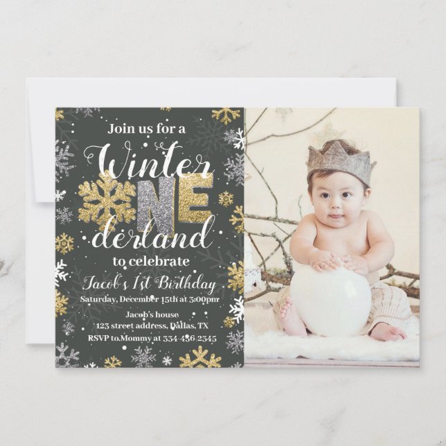Photo Hiver Onederland Anniversaire Invitation Or (Devant)