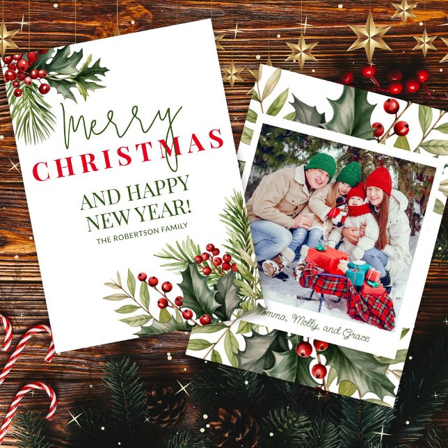 Photo Holly Pine Red Berries Carte blanche de Noël (Créateur téléchargé)