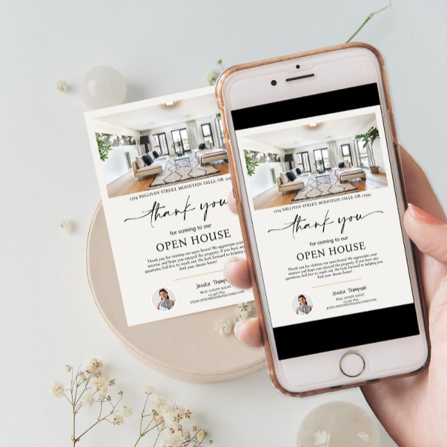 Photo Immobilier Open House Script Carte de remerc (Photo Real Estate Open House Script Thank You Card)