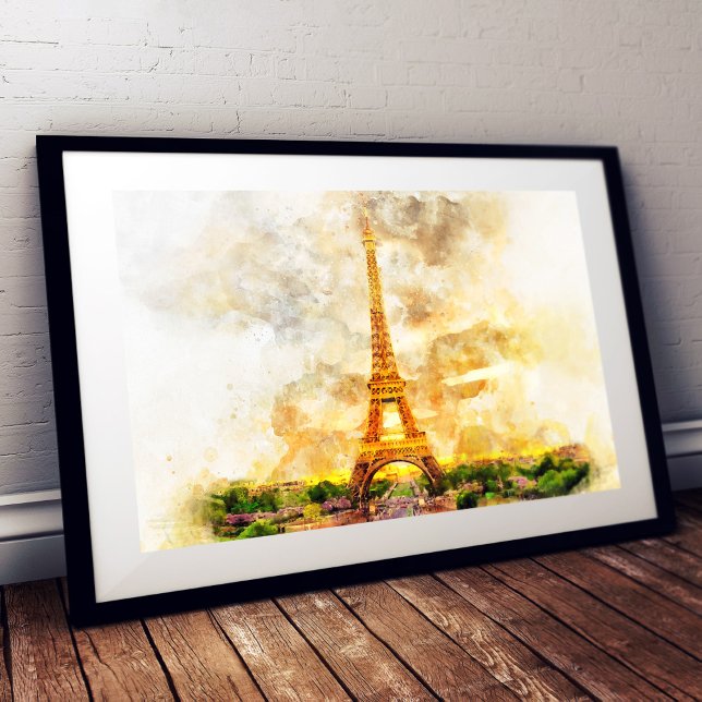 Photo Impression artistique aquarelle du coucher de sole (Paris Eiffel Tower Watercolor Sunset Art Print. Photo Print)