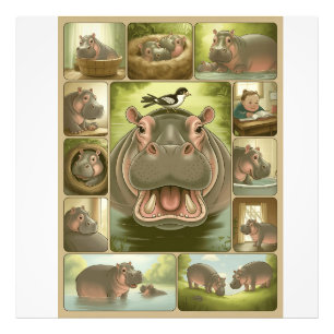Photo Impression d'art d'Hippopotame joueur & Oiseau – 1