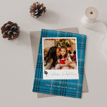 Photo instantanée Plaid Bleu Joyeuses Fêtes<br><div class="desc">Envoyez une Cheer de Noël avec une photo préférée et votre Carte de Vacances Happy Photo Instant Plaid Bleu.</div>
