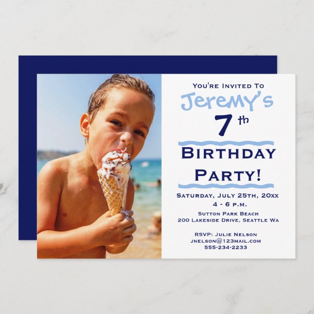 Photo Invitation de fête d'anniversaire bleu enfan (Devant / Derrière)