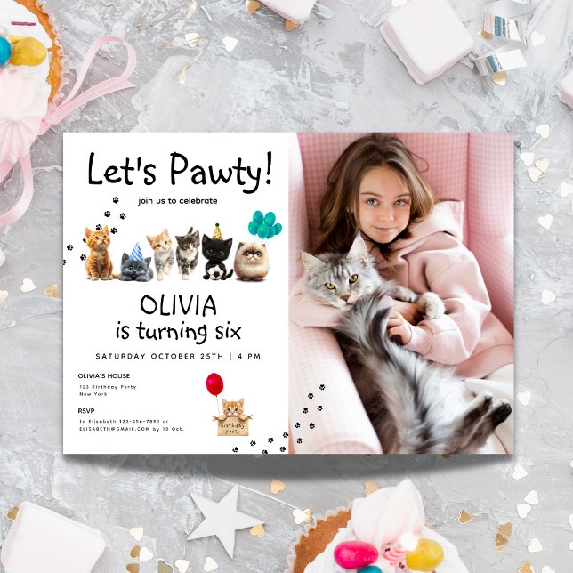 Photo Invitation de l'anniversaire du chat | Cute  (Photo Cat Birthday Invite | Cute Kitten Pawty)