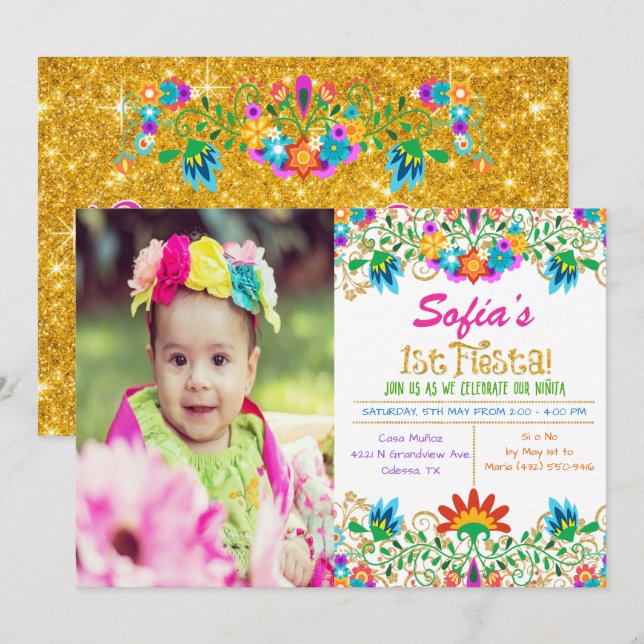 PHOTO - Invitation pailletée pour 1er anniversaire (Devant / Derrière)
