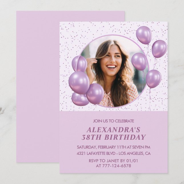 Photo invitations à 38e anniversaire Ballons viole (Devant / Derrière)