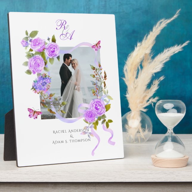 Photo Mariage Élégant Rose ruban violet plaque (Côté)